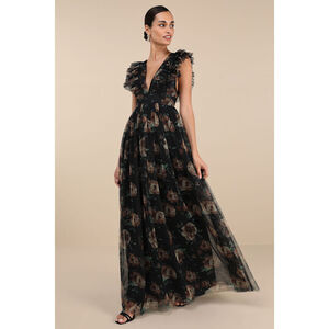 Lulus Simply Delighted Black Floral Mesh Ruffled Backless Maxi Dress - Size S